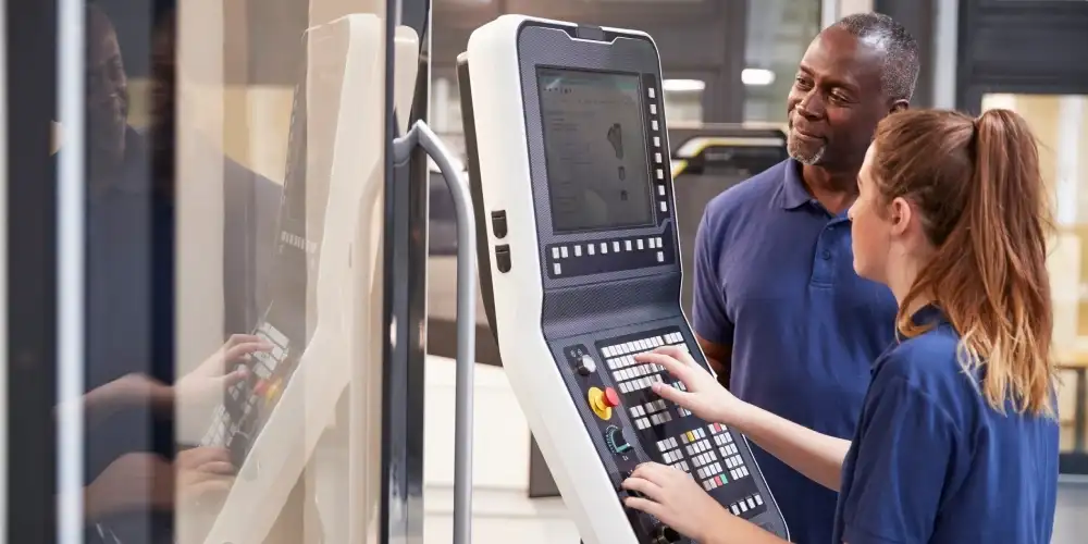 Man and woman looking at CNC machine